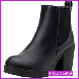 Chunky Heel Ankle Boots Platform Chelsea Retro Style Side Zip Faux Leather